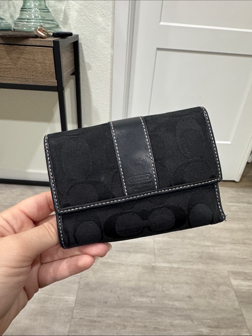 Coach Black Signature Compact Wallet with Leather Trim